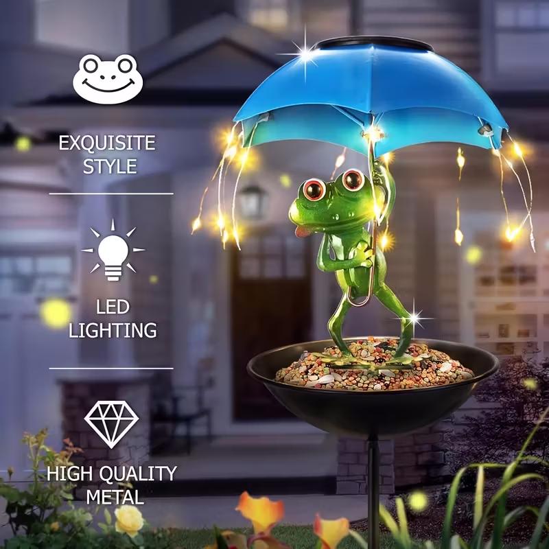 Rana verde decorativa su ciotola nera con ombrello blu LED per mangiatoia solare
