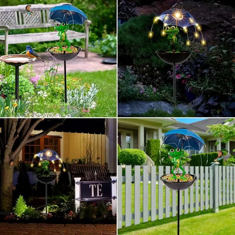Mangiatoia solare per uccelli con rana verde e ombrello LED blu, ciotole nere