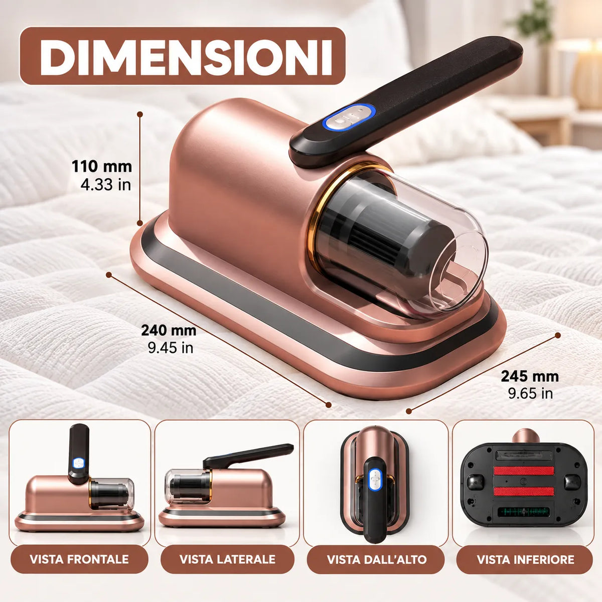 Aspirapolvere compatto rose gold con dimensioni indicate e viste frontali e laterali