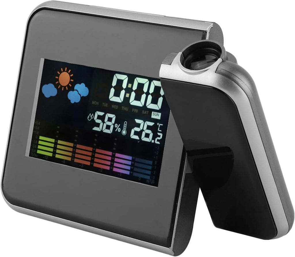 Sveglia digitale grigia con display LED e proiezione meteo, umidità e calendario