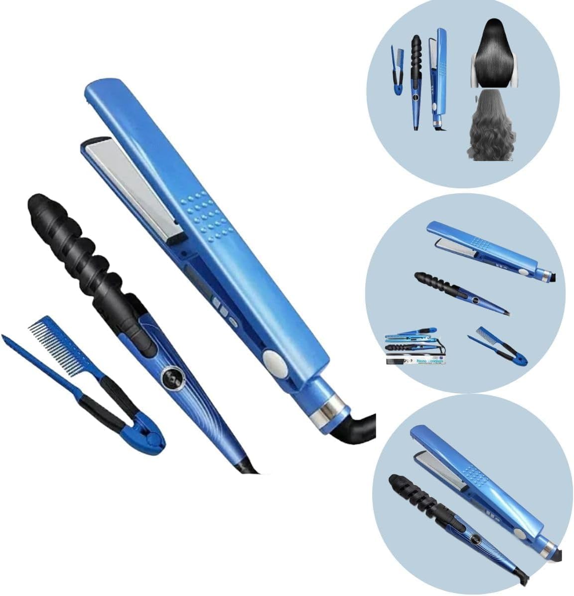 Set piastra per capelli blu con 2 accessori neri, pettine e spazzola