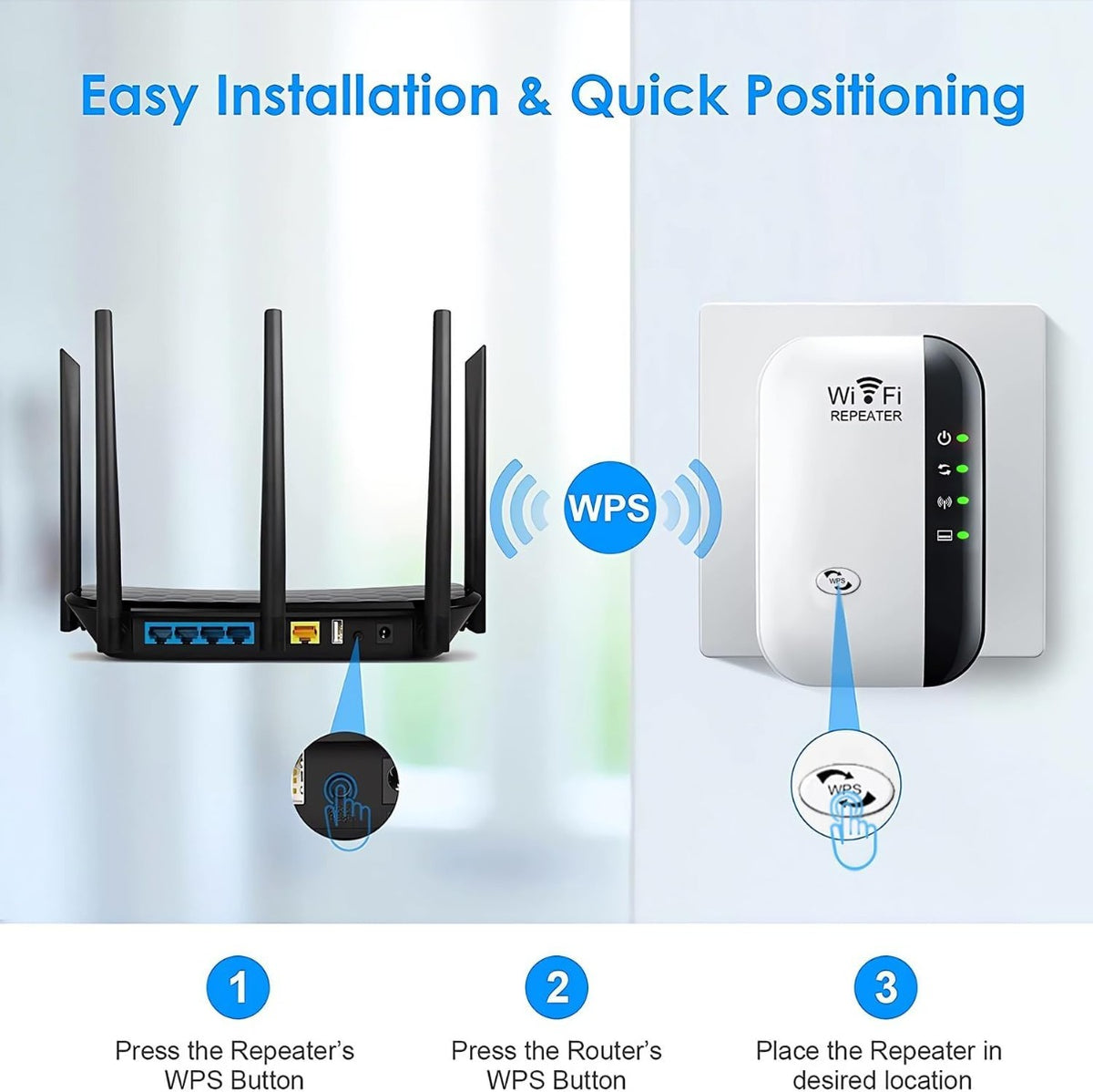 Ripetitore Wi‑Fi bianco con LED e tasto WPS, installazione e posizionamento rapido