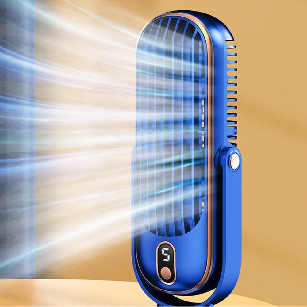 Ventilatore da tavolo senza pale blu con griglia verticale e pannello comandi frontale