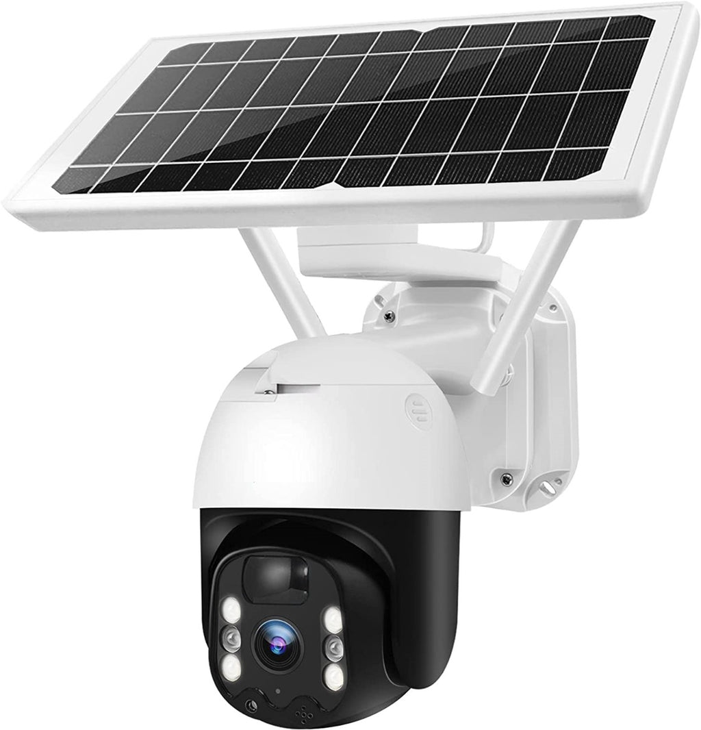 Telecamera solare wireless con pannello solare, corpo bianco e cupola nera
