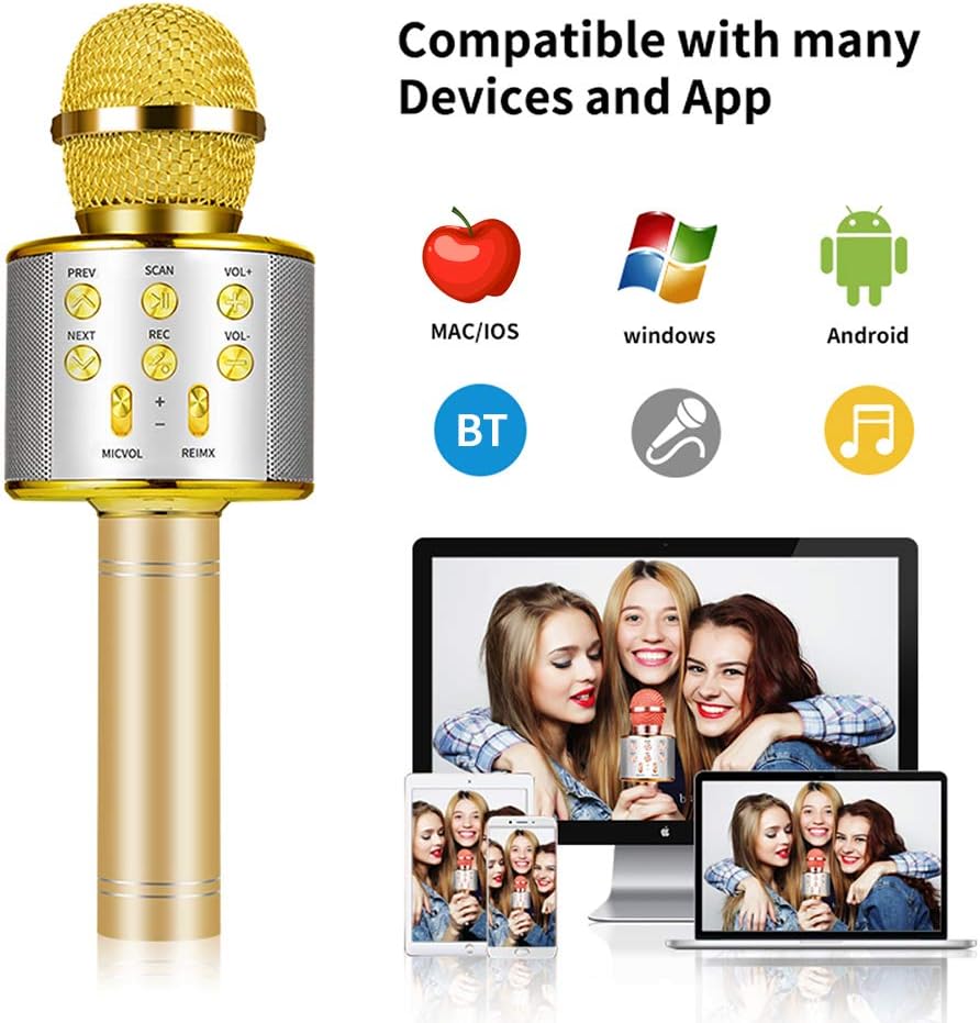 Microfono karaoke wireless con griglia dorata e pulsanti sul pannello frontale.