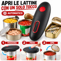 Apriscatole elettrico nero cordless con pulsante rosso, apertura automatica a mani libere.