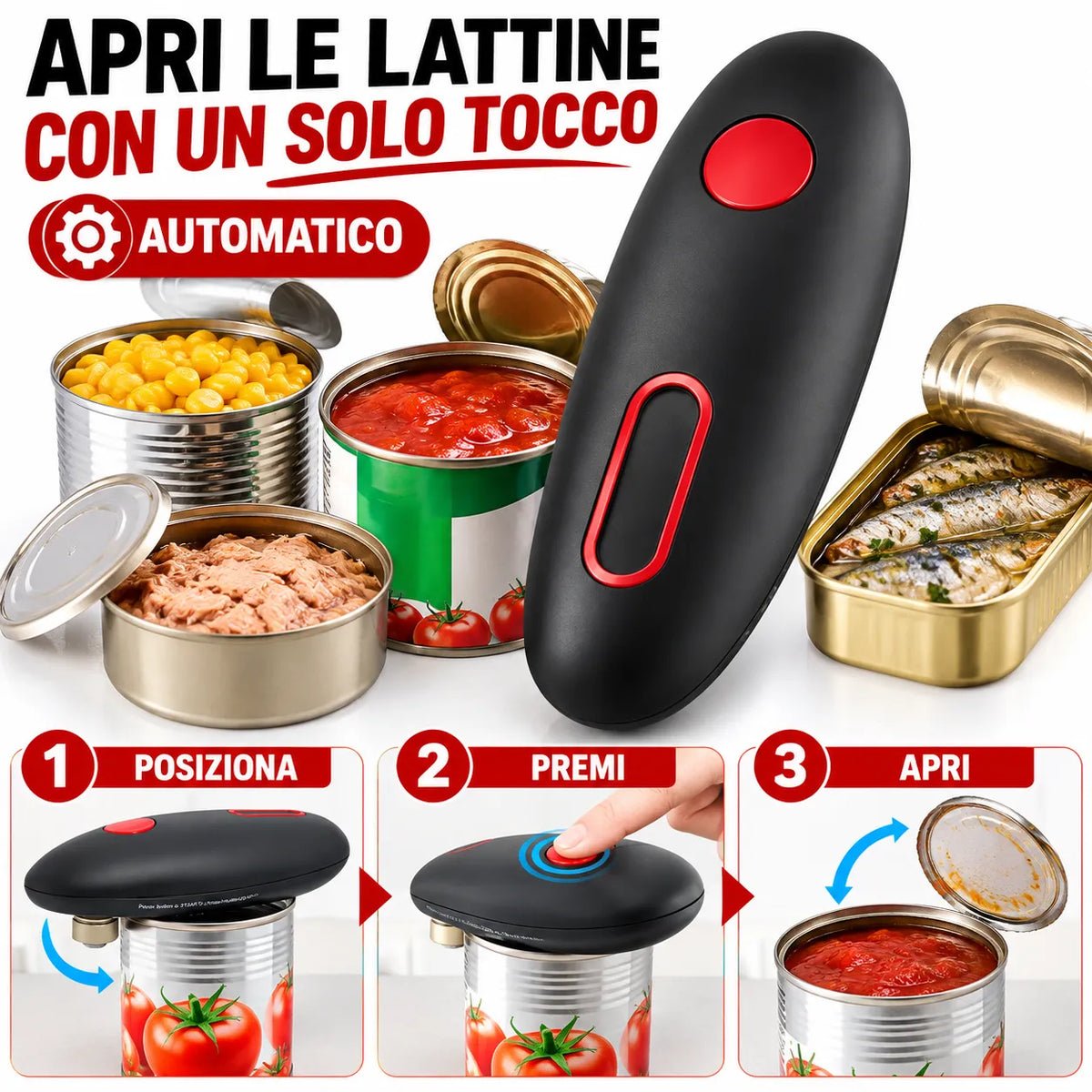 Apriscatole elettrico nero cordless con pulsante rosso, apertura automatica a mani libere.