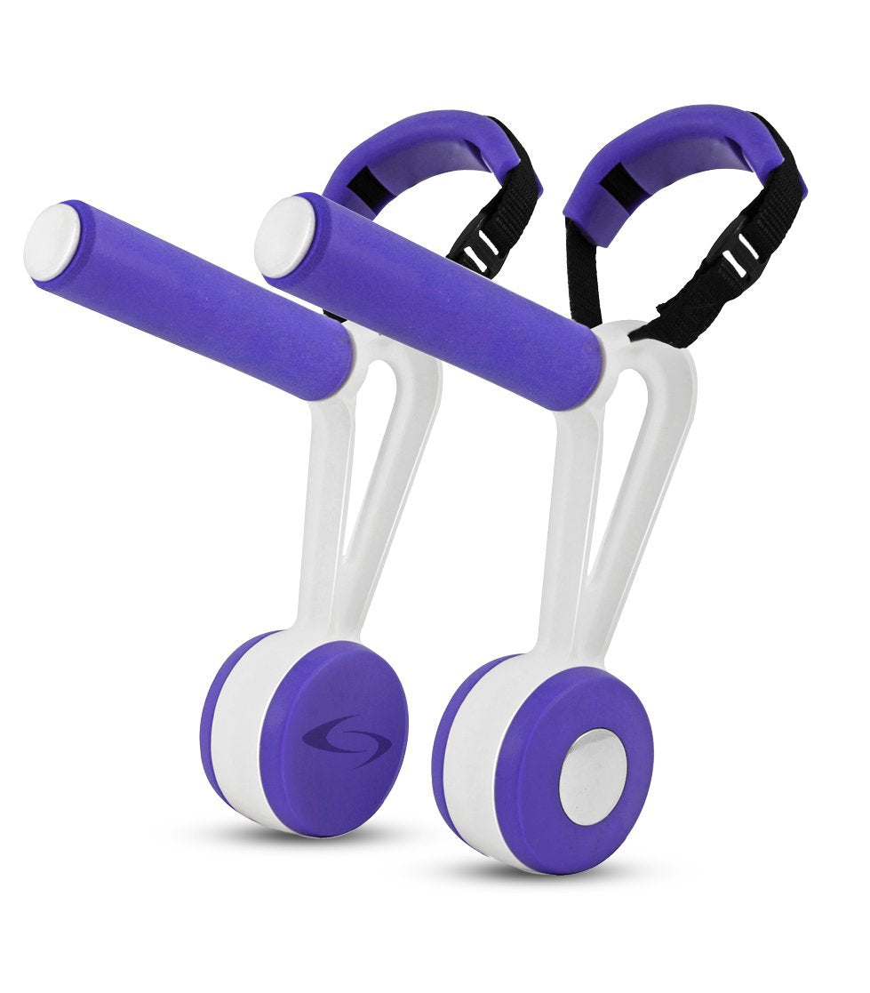 Bilanciere da fitness viola e bianco con pesi circolari e cinghie nere
