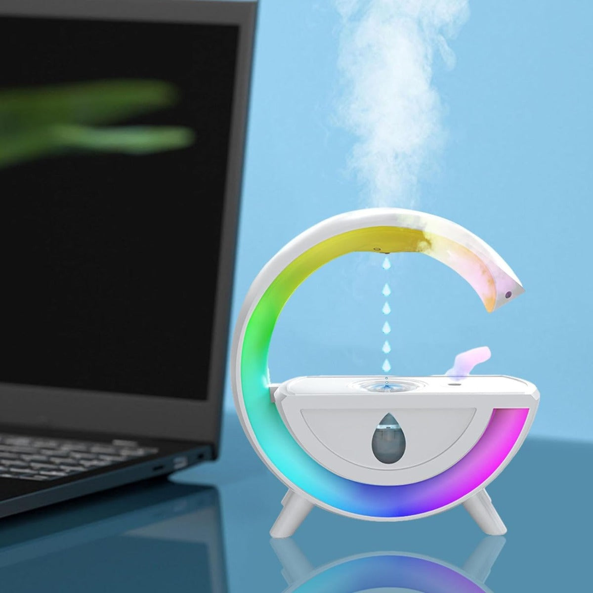 Mini umidificatore a goccia bianco con luci LED arcobaleno e vapore a cascata