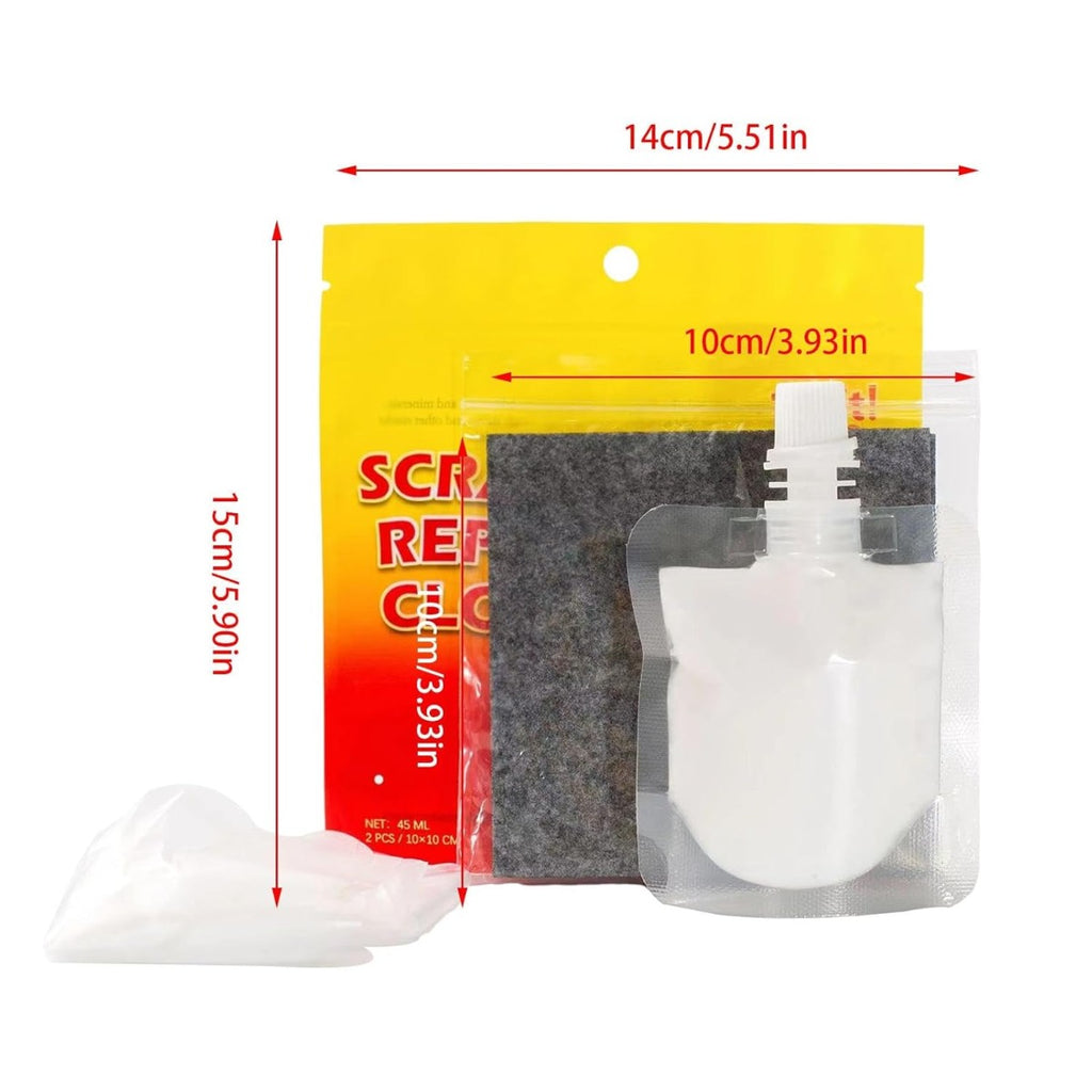 Kit riparazione graffi auto con bustina gialla, panno e schema dimensioni