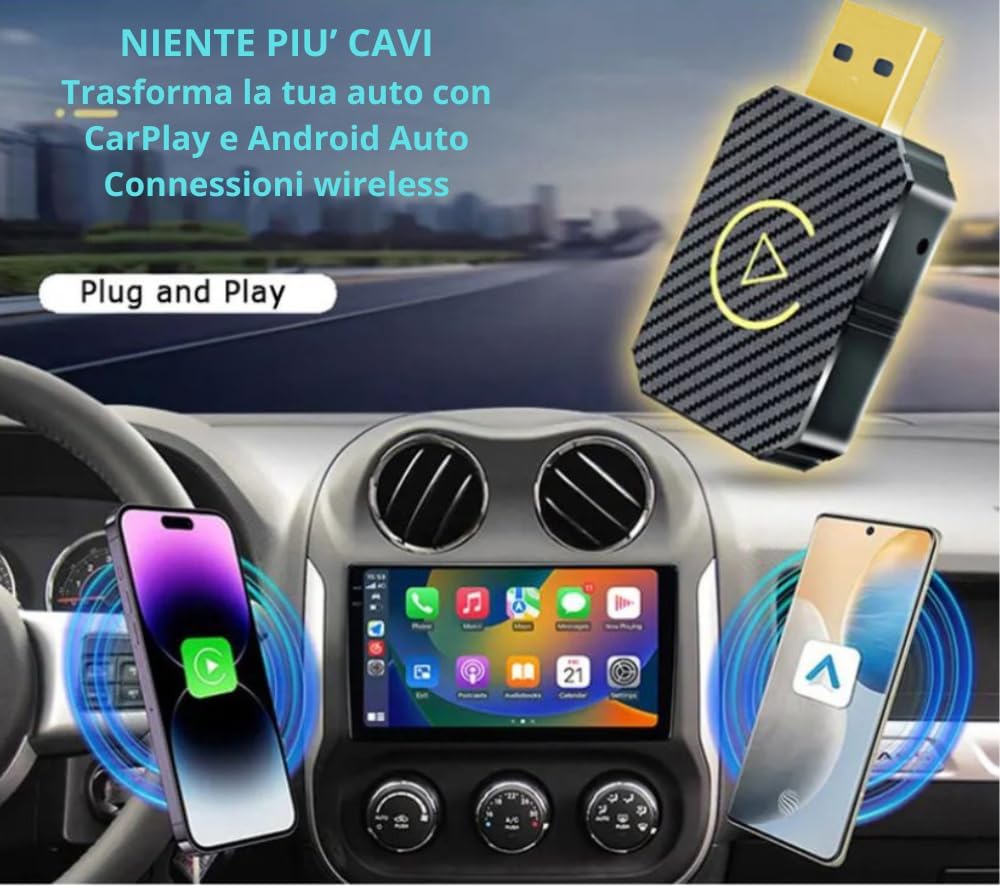 Adattatore wireless nero e oro con motivo carbonio per CarPlay e Android Auto