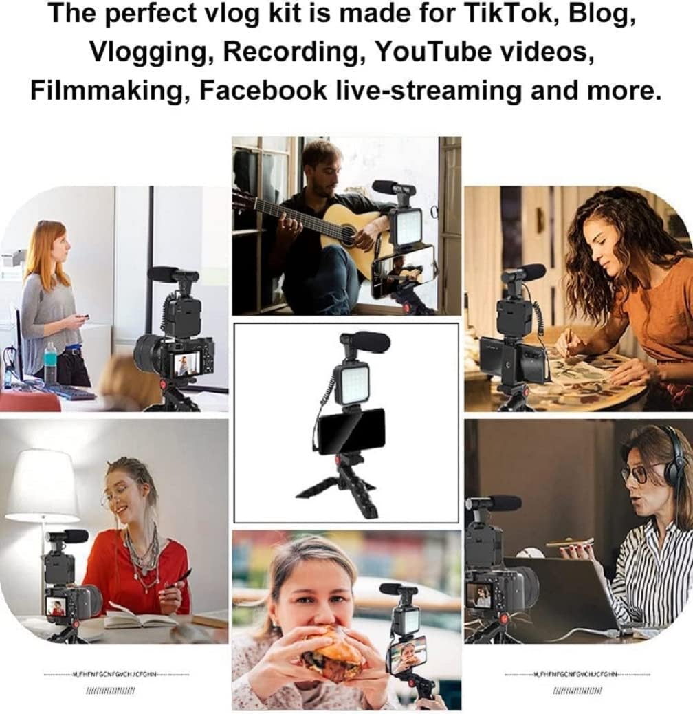 Kit vlogger con treppiede e luce LED, microfono a spugna su supporto smartphone, nero