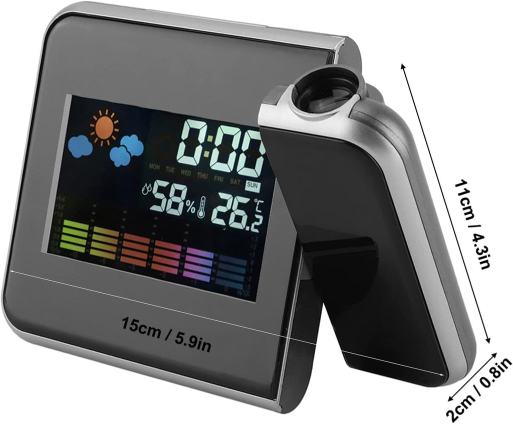 Sveglia digitale grigia con display LED e proiezione, corpo con supporto pieghevole