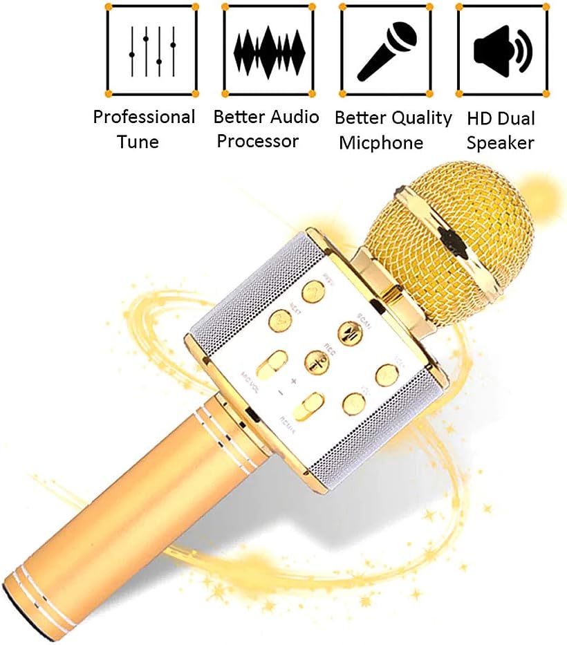 Microfono karaoke wireless dorato con griglia metallica e pannello comandi sul manico.