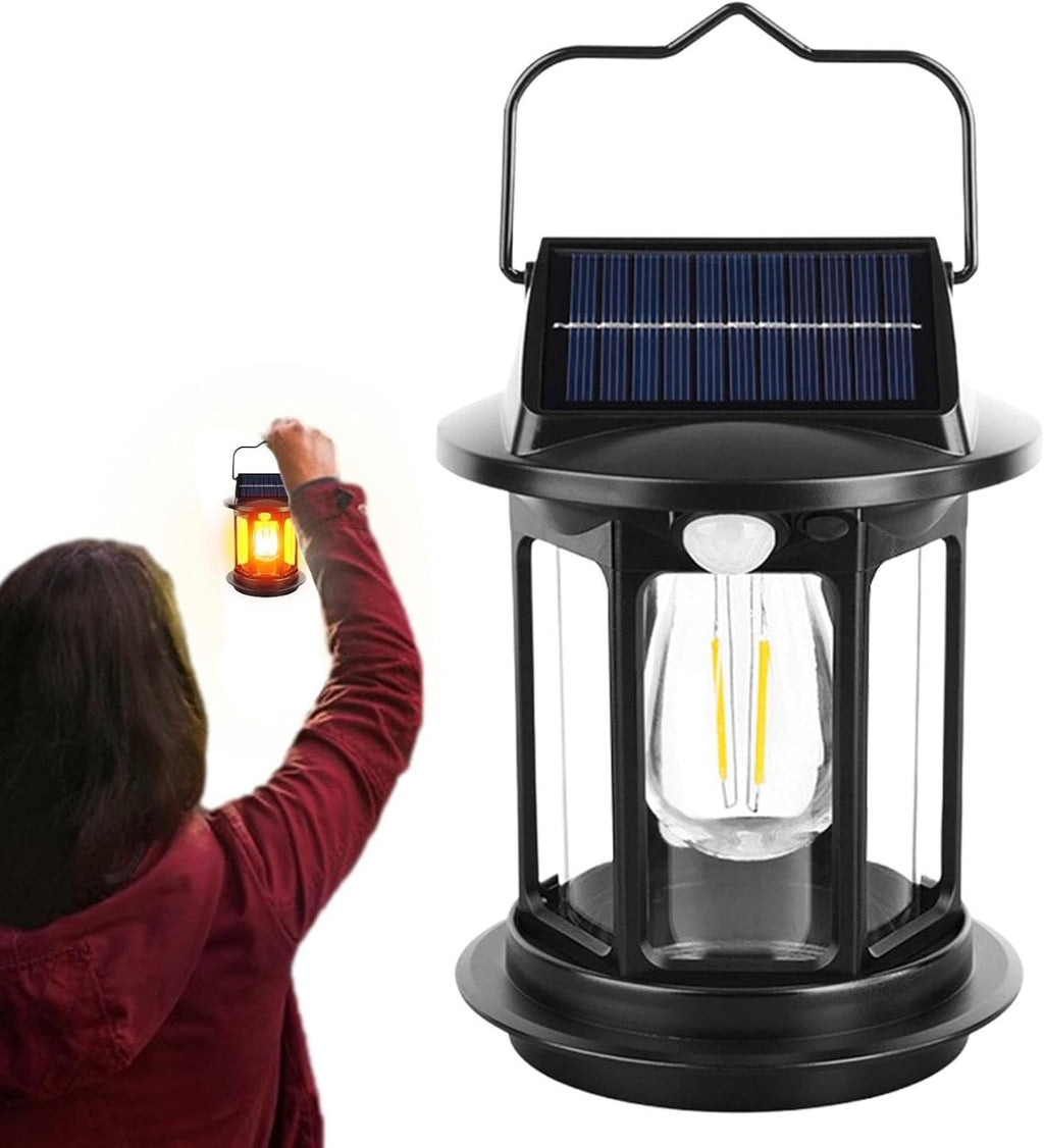 Lanterna solare nera con pannello solare e luce LED interna, maniglia e vetro