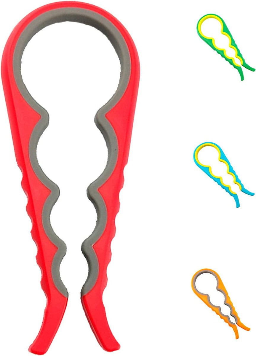 Apribottiglie multifunzione rosso con inserti grigi a forma d’imboccatura e clip verde e arancio