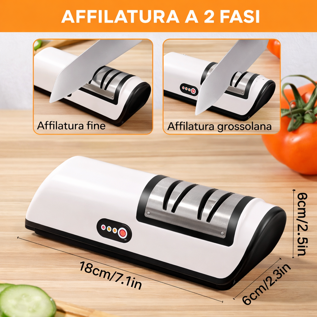 Affilacoltelli elettrico a 2 fasi bianco e arancione con guida per lame