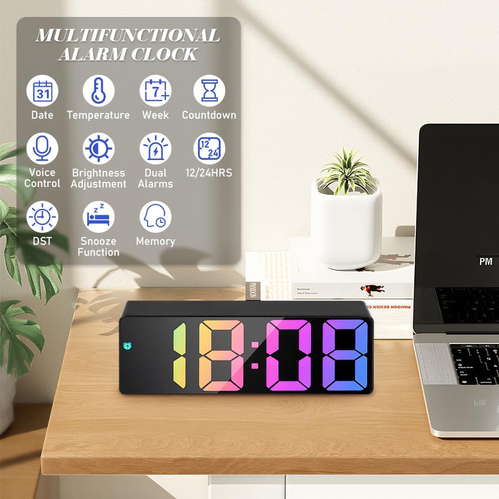 Sveglia digitale da comodino nera con display LED multicolore su base rettangolare