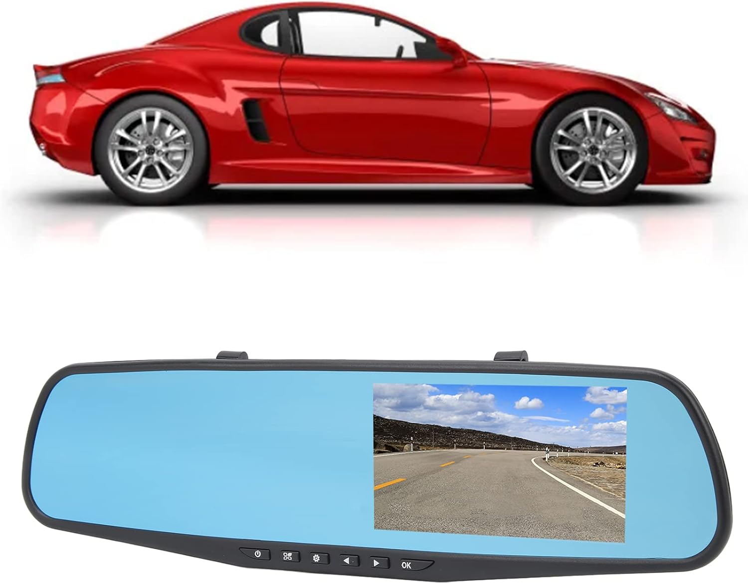 Specchietto retrovisore digitale con display azzurro e supporti superiori