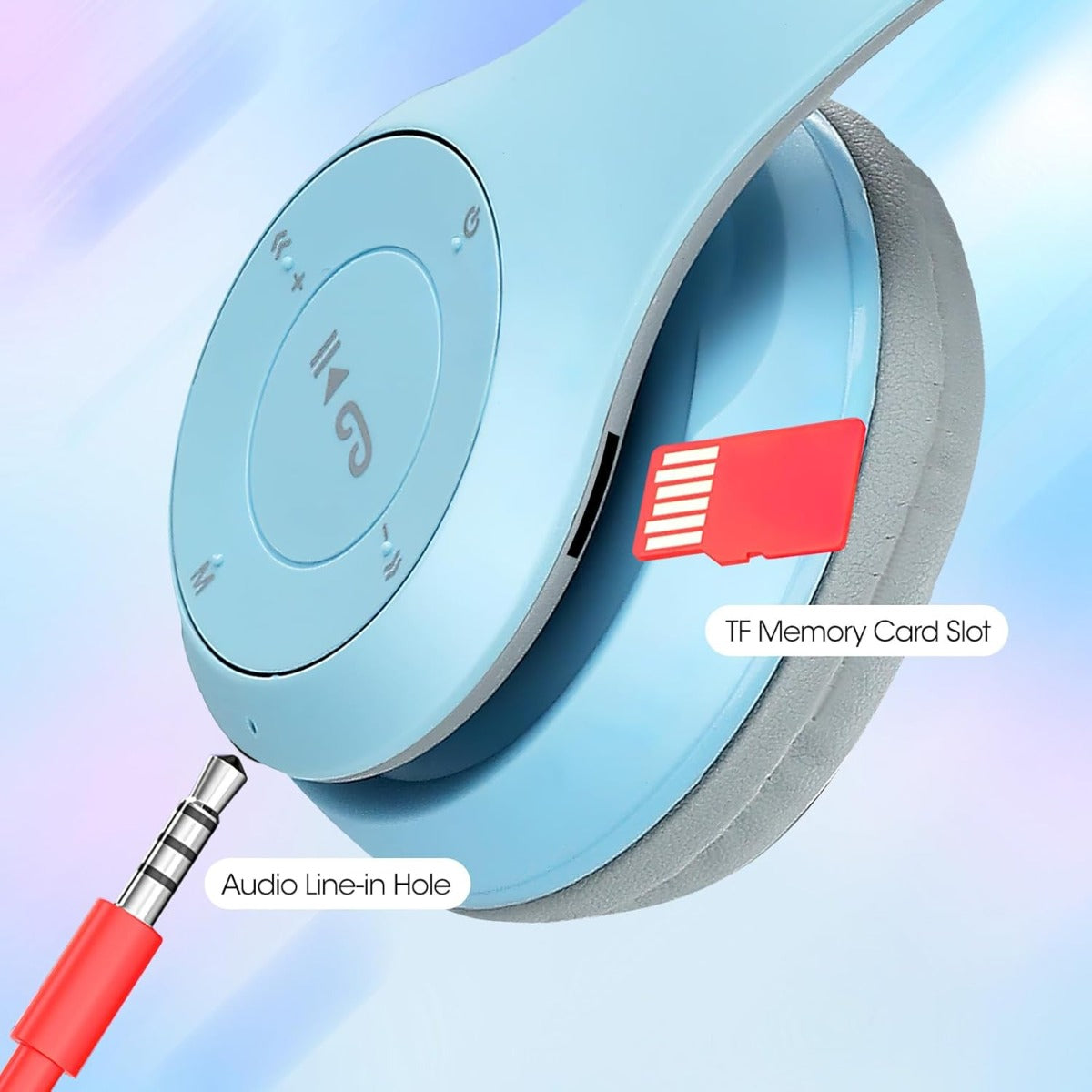 Cuffie over-ear azzurre: sportellino, slot microSD e ingresso audio sul pad