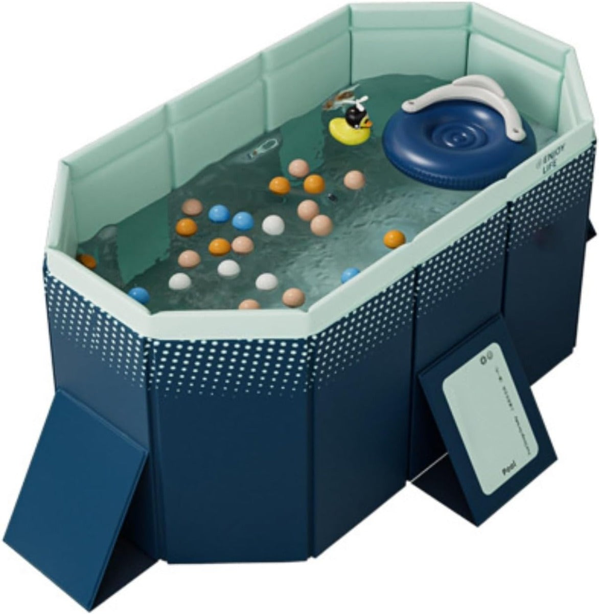 Piscina pieghevole in PVC verde e blu con bordo rigido e vasca rettangolare