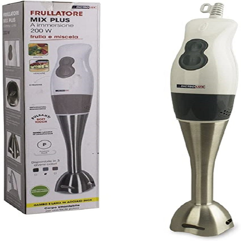 Frullatore a immersione con confezione 200 W, corpo bianco-nero e asta in acciaio