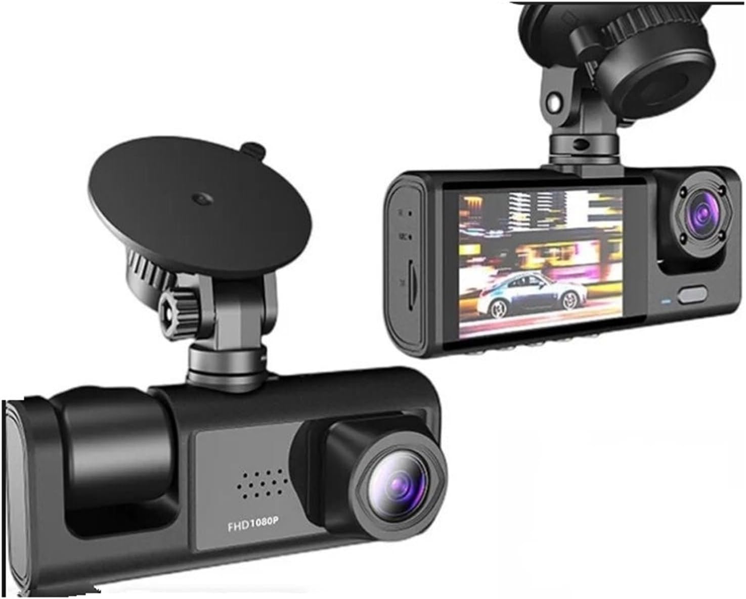 Dash cam tripla nera con supporto a ventosa, schermo LCD e lente anteriore.