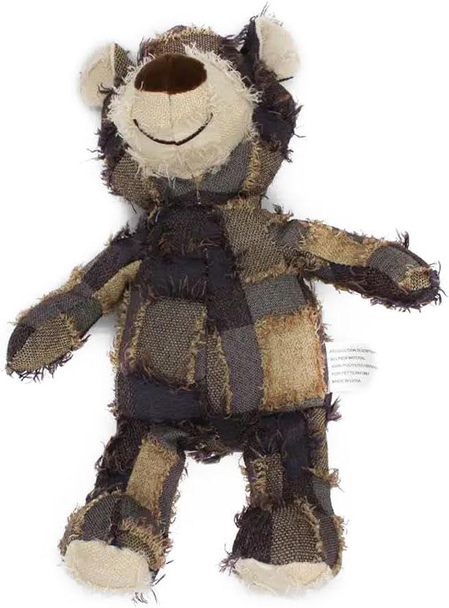Peluche per cani a forma di animale, marrone scuro e beige, con muso ricamato
