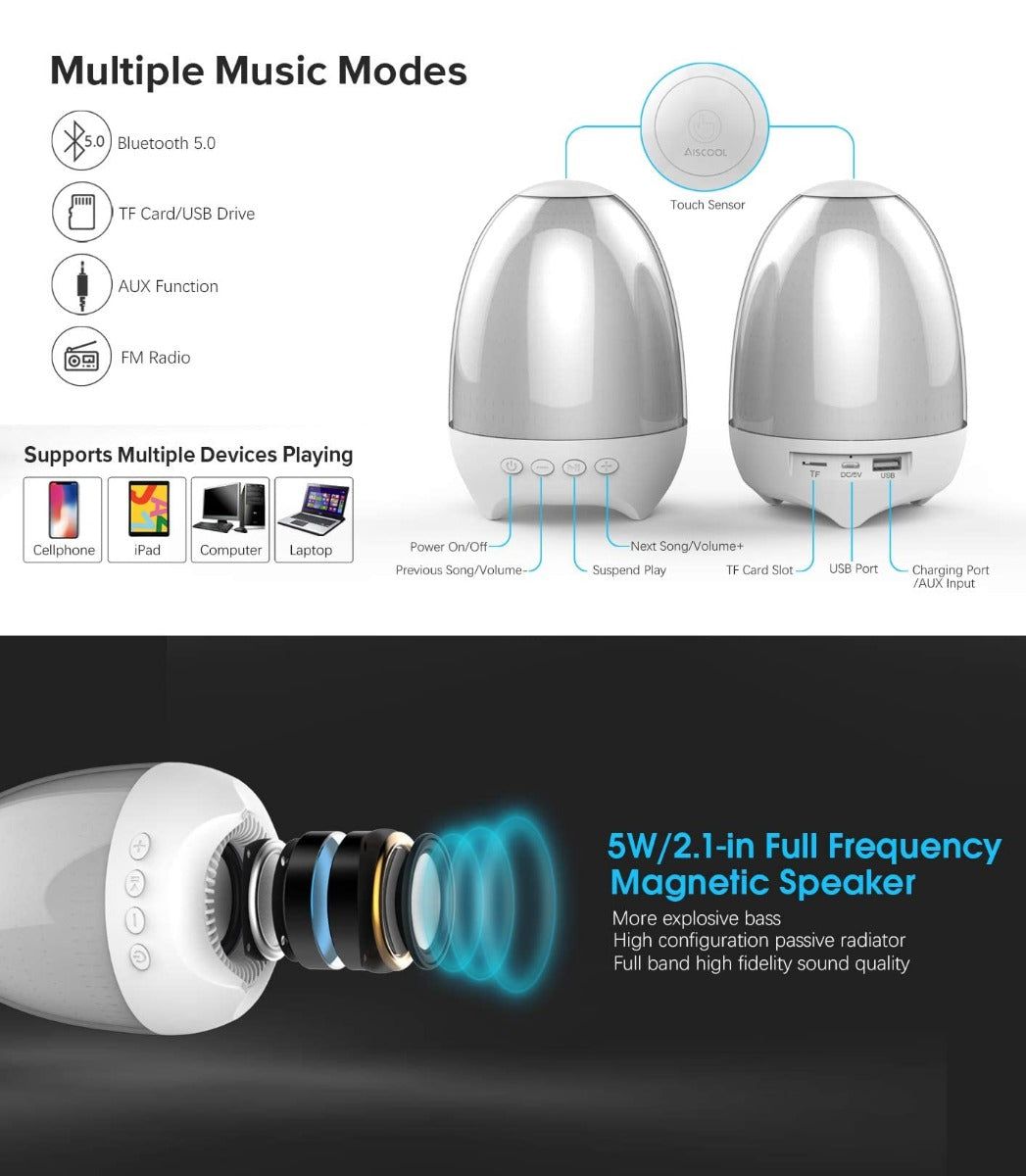 Lampada notturna LED RGB a goccia bianca, vista frontale con controlli e base
