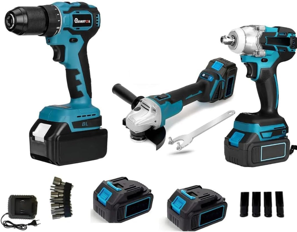Trapano avvitatore a batteria blu e nero con mandrino e impugnatura