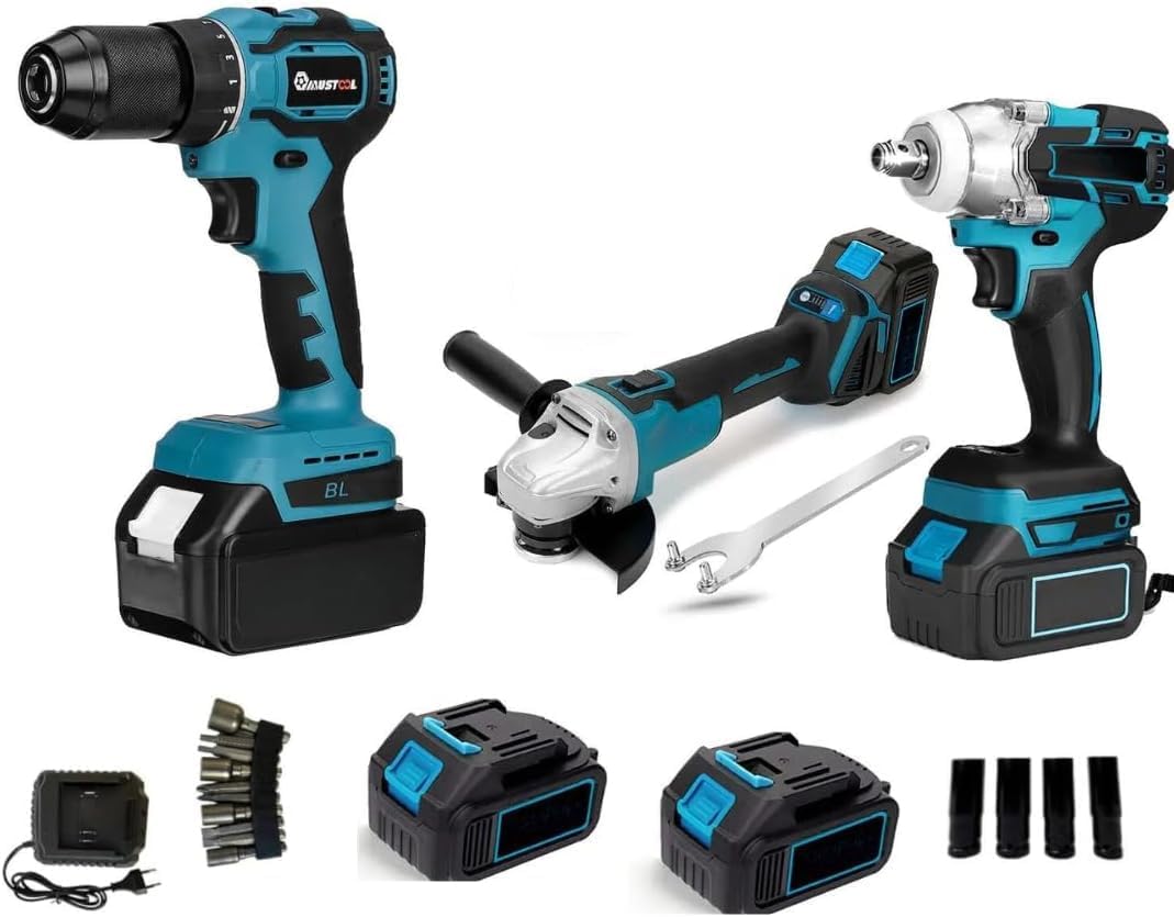 Trapano avvitatore a batteria blu e nero con mandrino e impugnatura