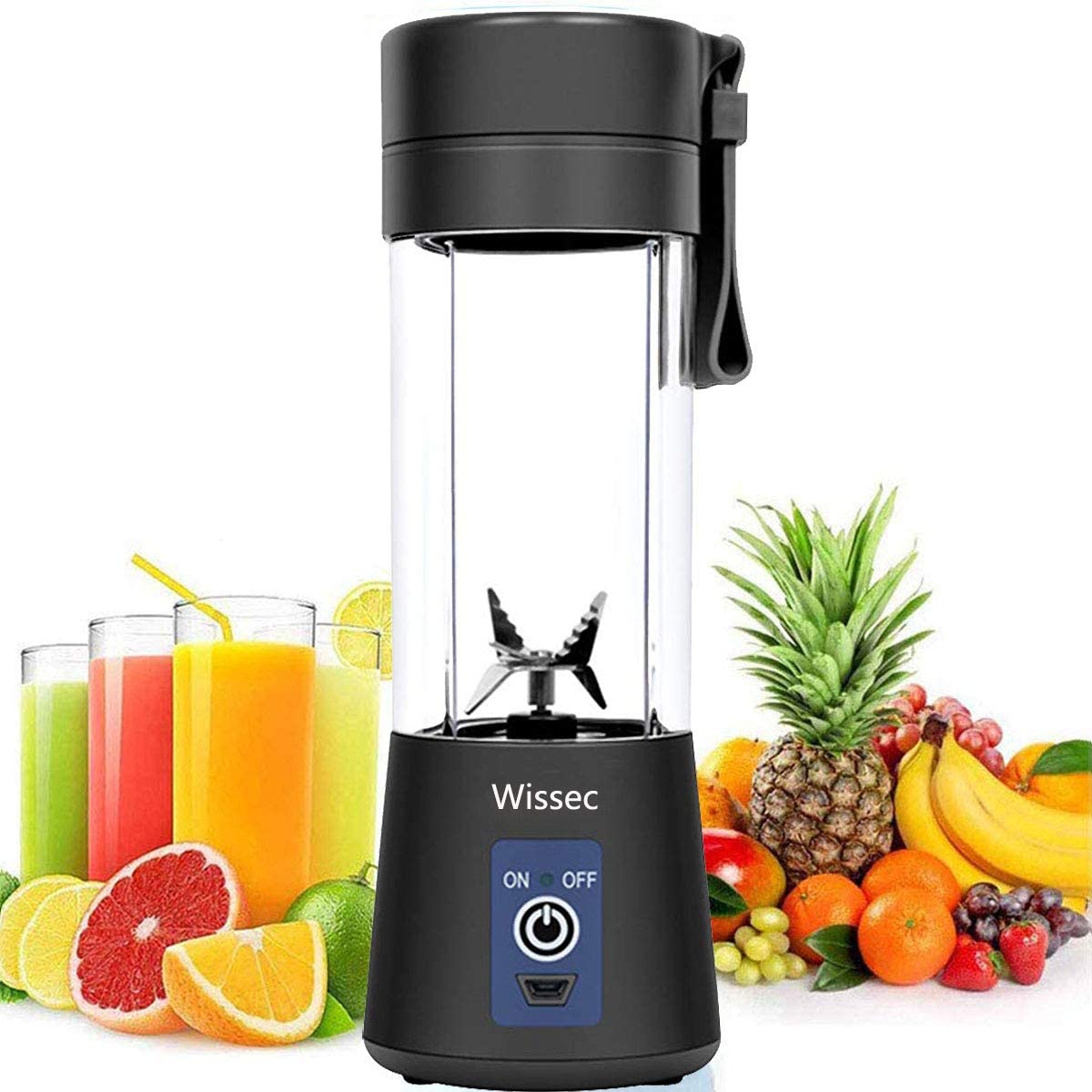 Bottiglia-mixer portatile USB, base nera e contenitore trasparente, sei lame 3D