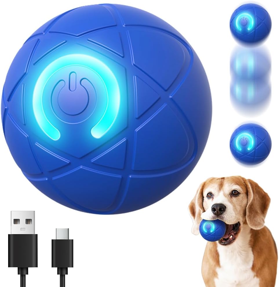 Palla rotante LED blu per cani, luce azzurra, sfera con cavi USB di ricarica
