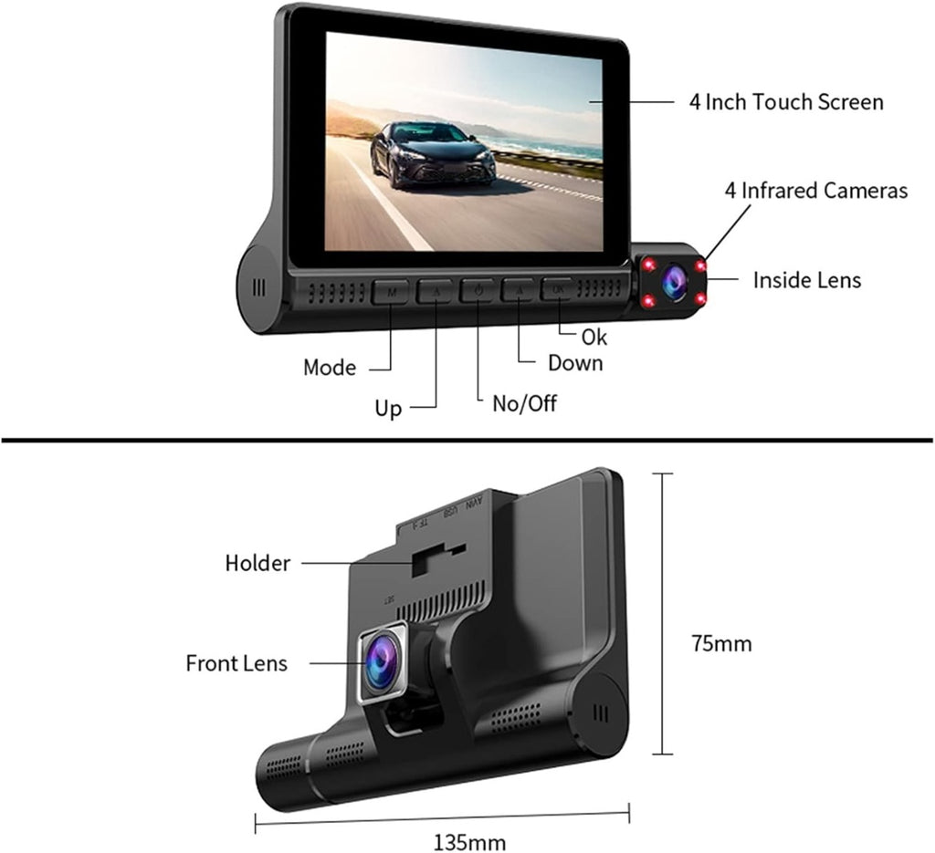 Videoregistratore per auto con schermo touch da 4 pollici e 4 fotocamere a infrarossi
