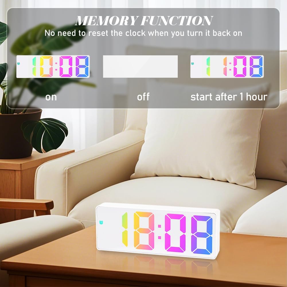 Sveglia digitale LED da comodino bianca con display a cifre luminose colorate