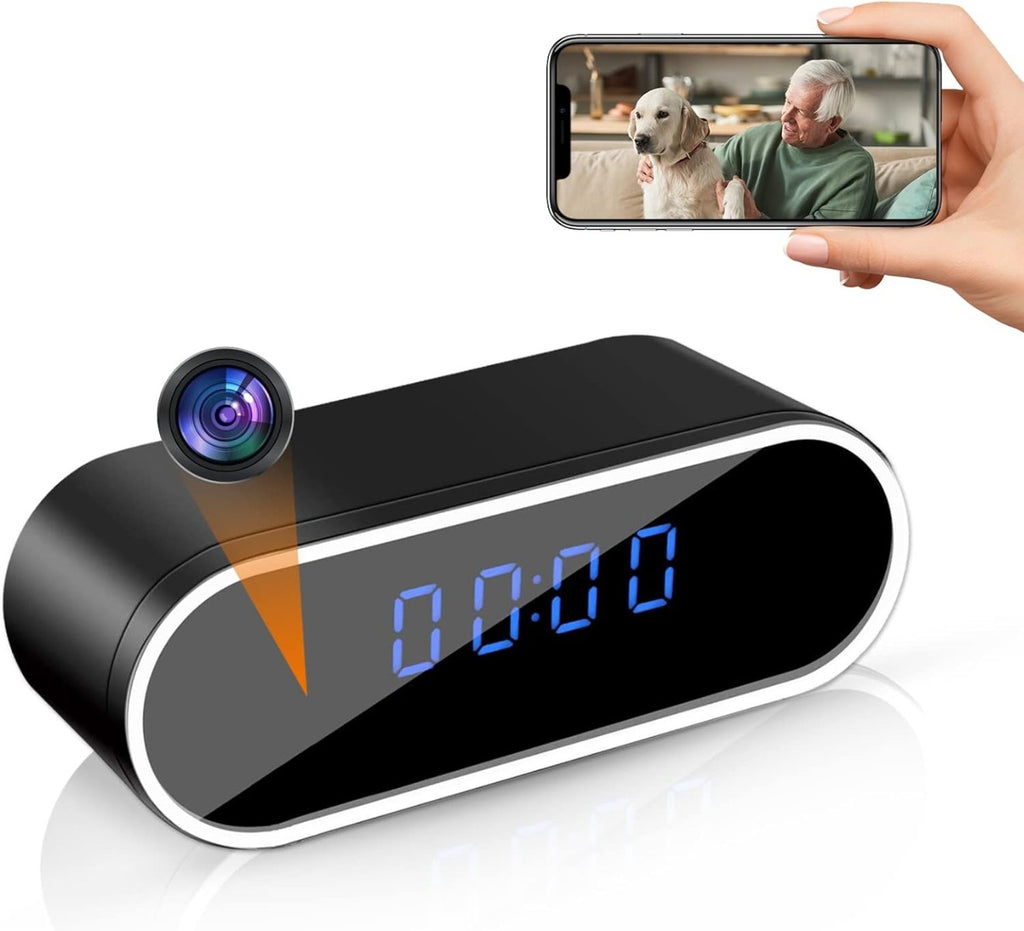 Telecamera spia a orologio WiFi nera con display blu e obiettivo frontale