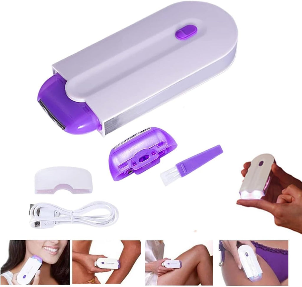 Epilatore elettrico ricaricabile bianco e viola con testina e accessori