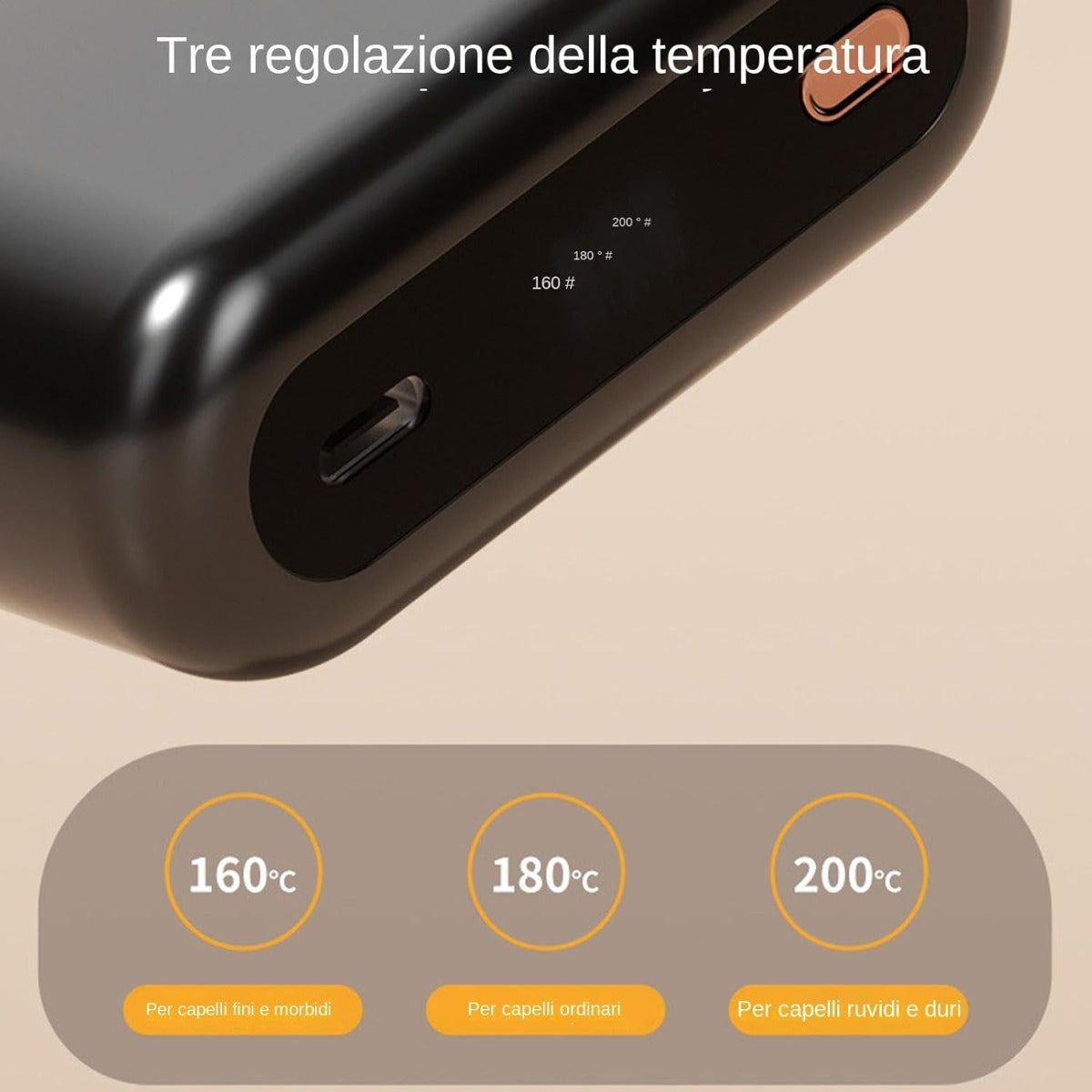 Spazzola lisciante nera con tasto di regolazione temperatura sul lato