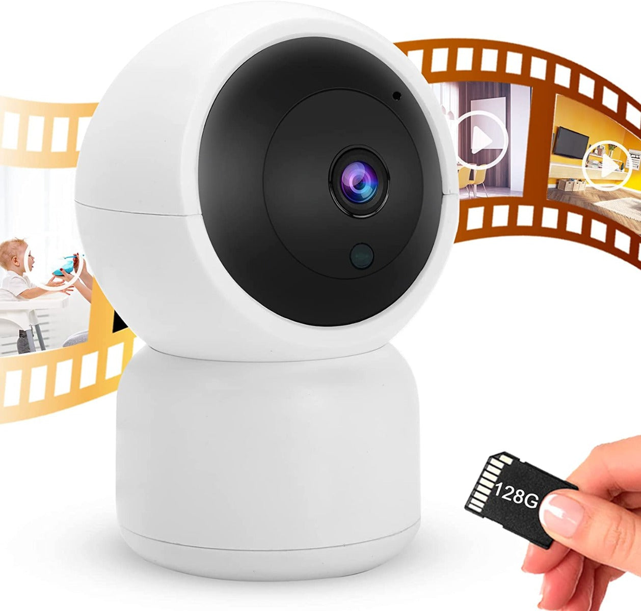 Telecamera WiFi bianca con slot microSD e lente frontale nera