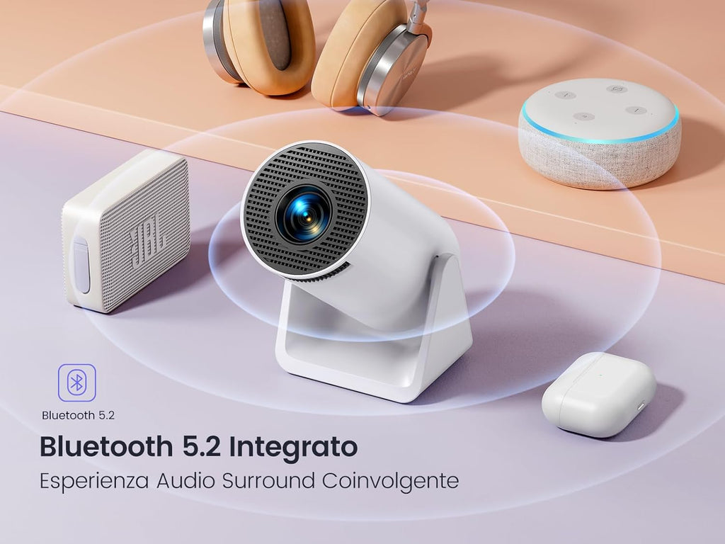 Mini proiettore bianco con griglia frontale, su supporto rotondo