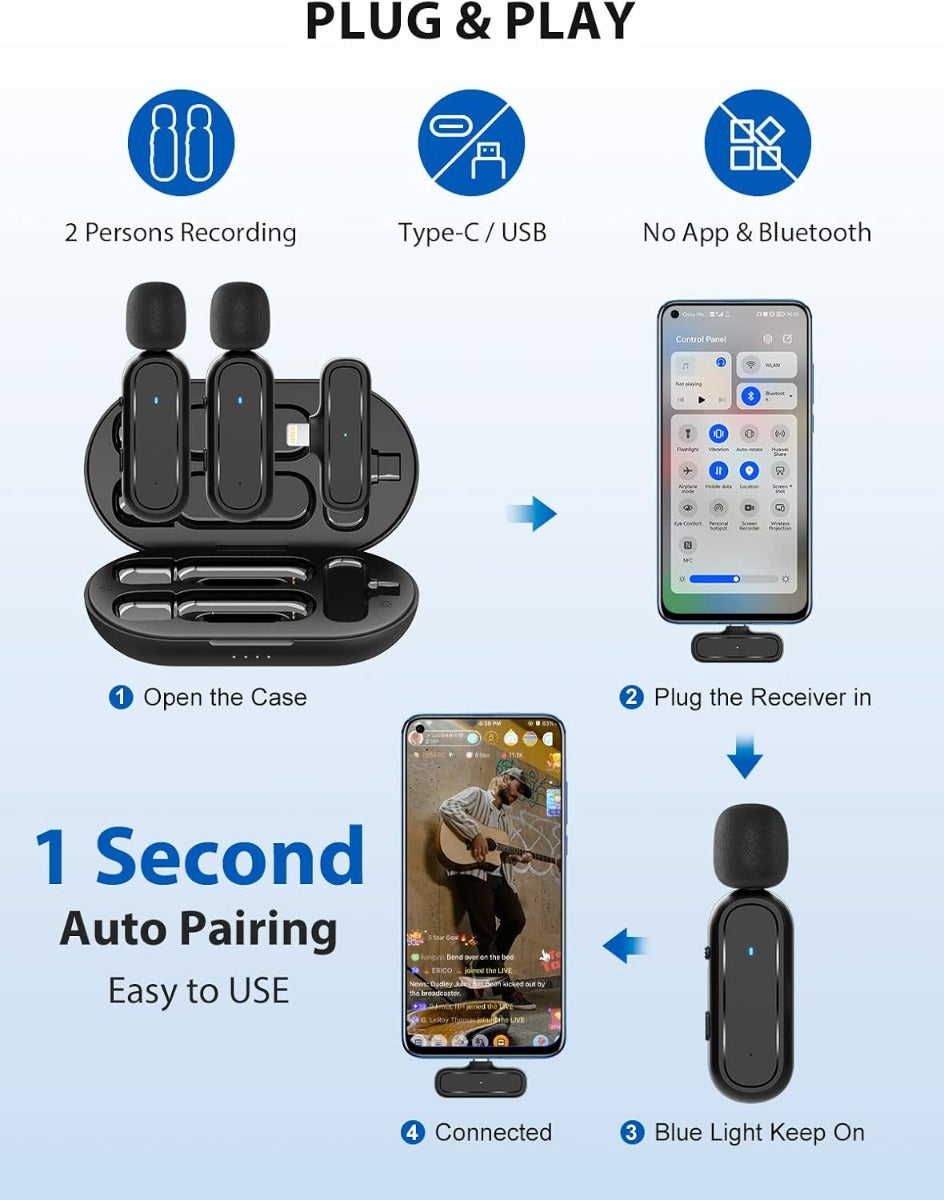 Kit microfoni lavalier wireless plug&play con ricevitore Type-C/USB