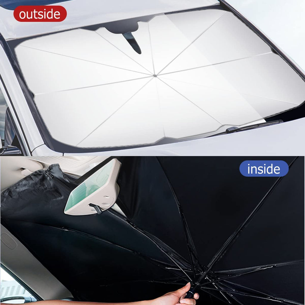 Parasole per parabrezza auto pieghevole, schermatura interna ed esterna in nero.
