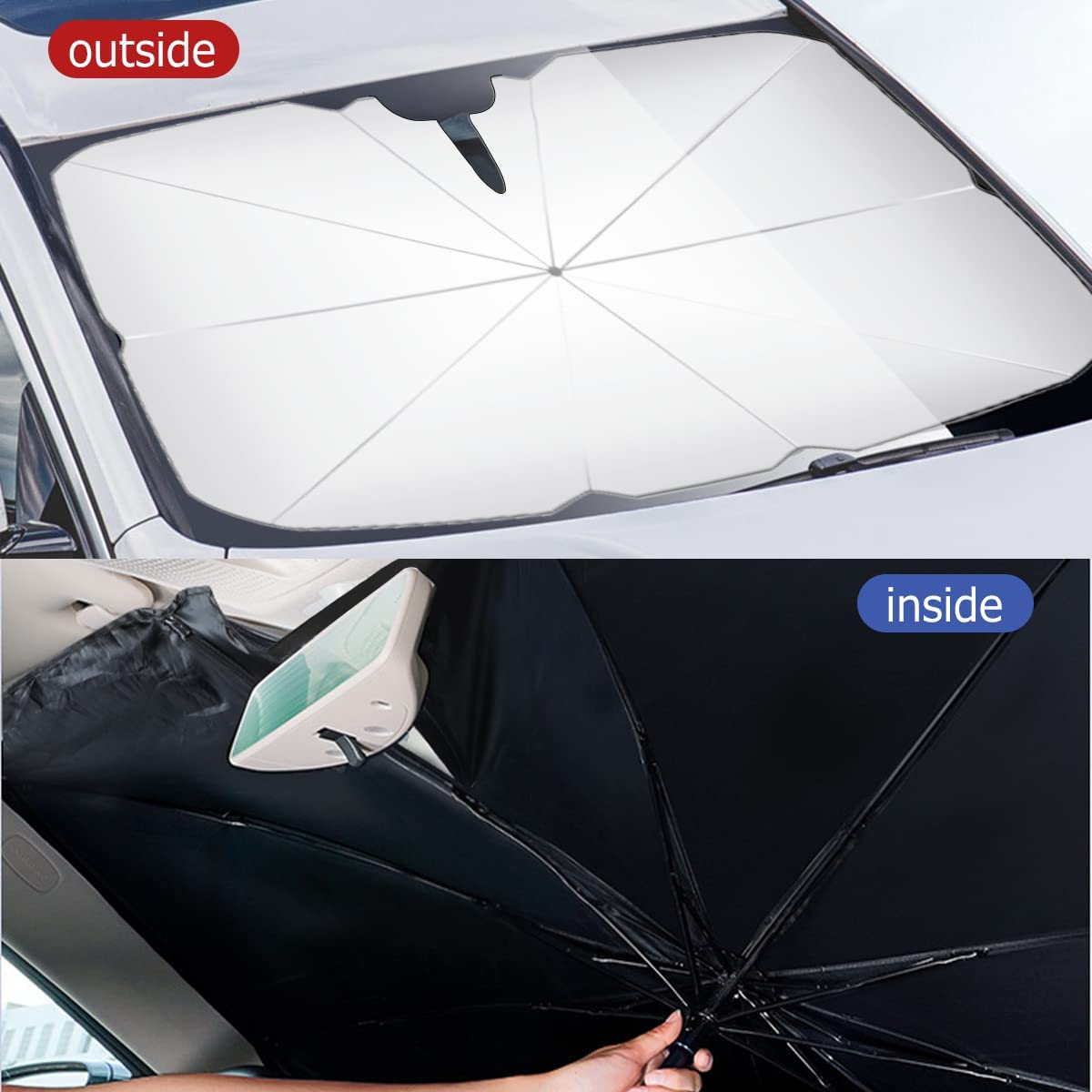 Parasole per parabrezza auto pieghevole, schermatura interna ed esterna in nero.