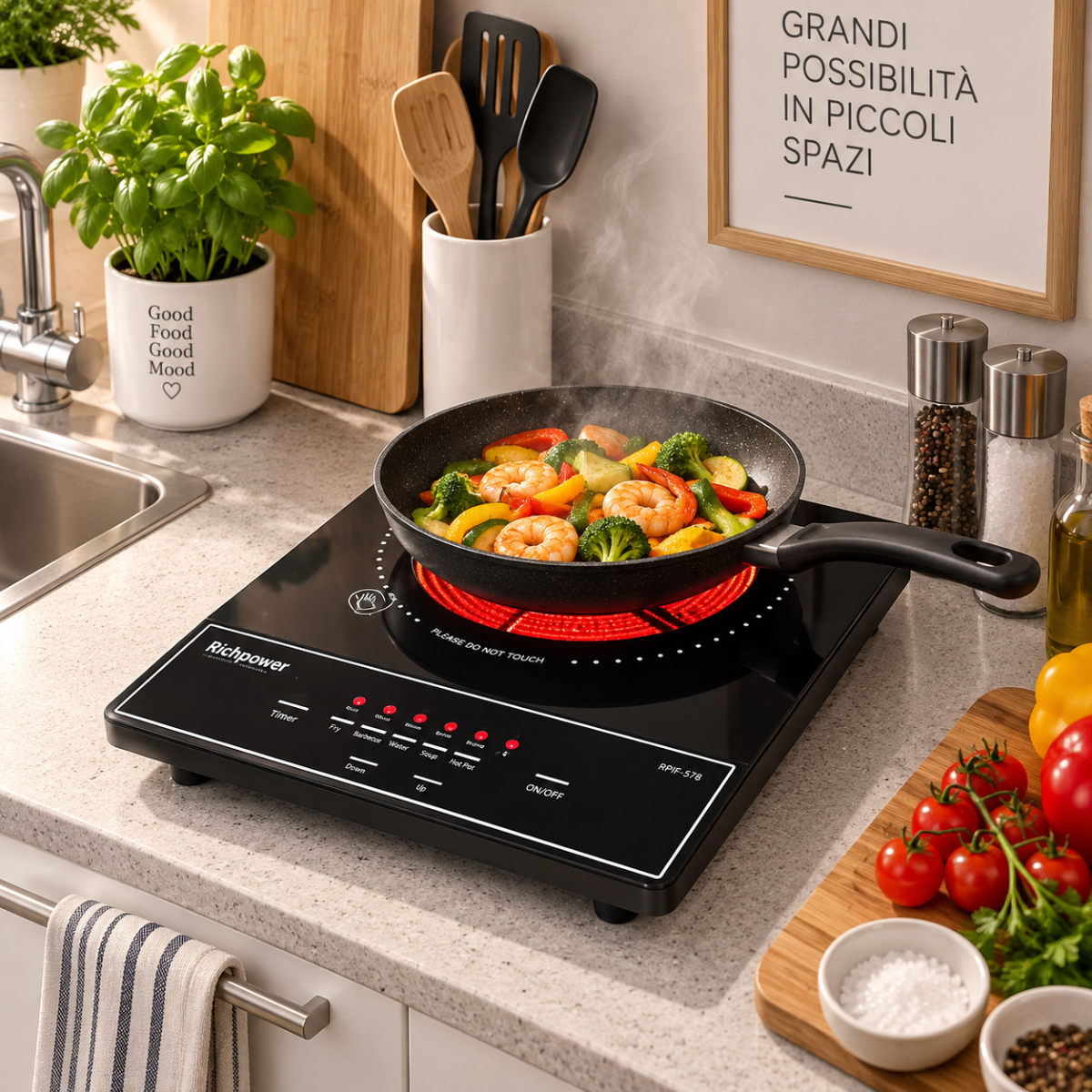 Piastra elettrica a infrarossi nera con vetroceramica e padella con verdure riscaldata