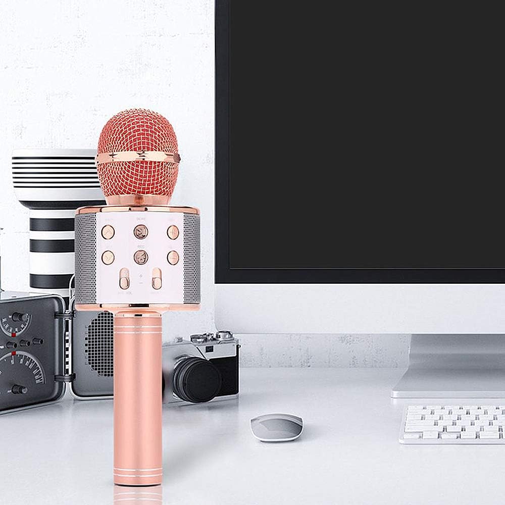 Microfono karaoke wireless con testina rossa, base bianca e manico rosa.