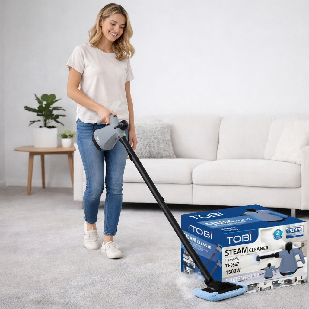 Pulitore a vapore portatile grigio con panno blu e beccuccio allungato