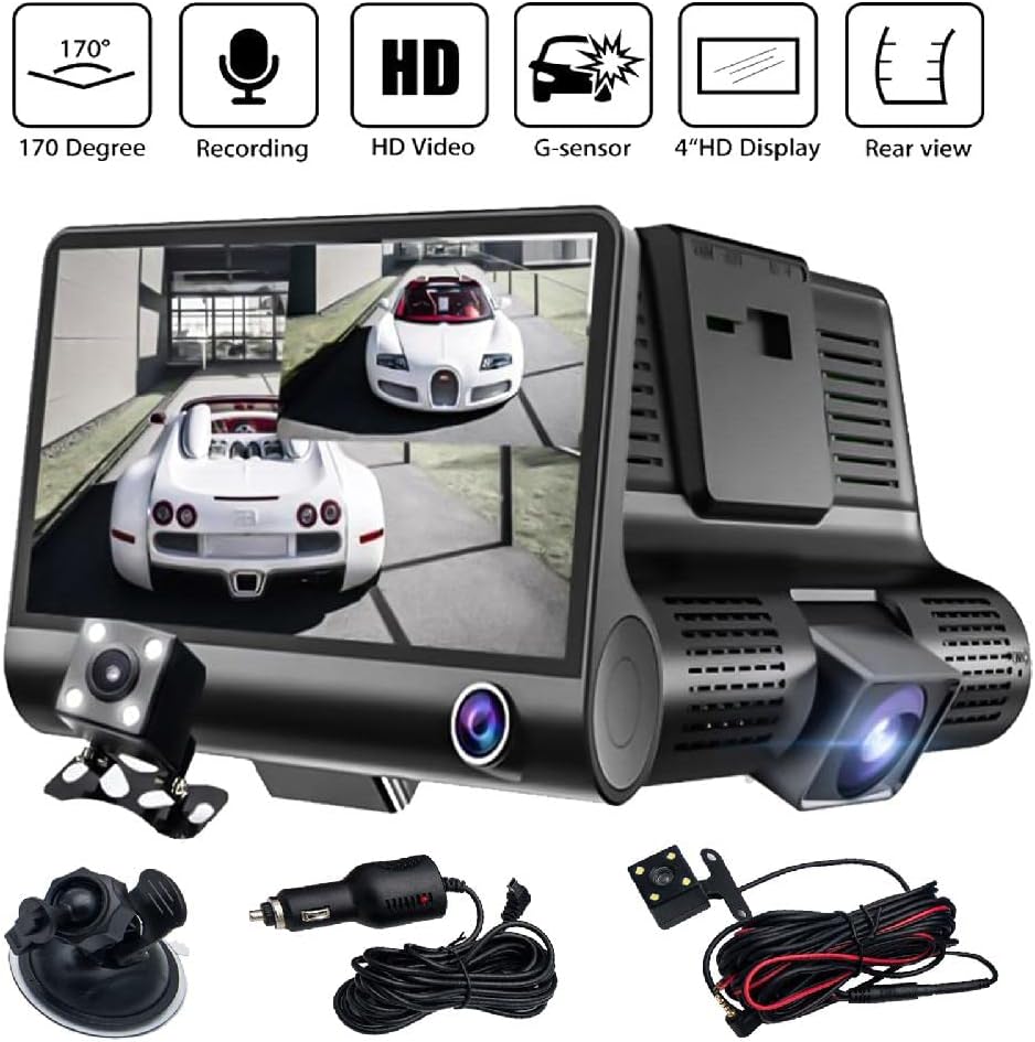 Videocamera dash cam per auto con doppia lente e display frontale, supporto a ventosa