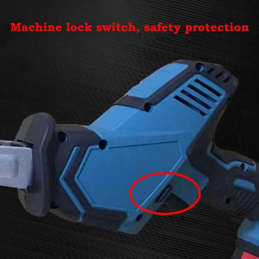 Sega a batteria blu, blocco di sicurezza sull’impugnatura con protezione