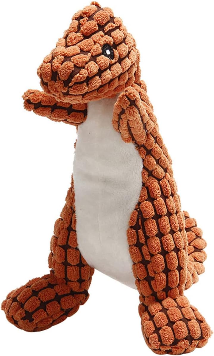 Peluche dinosauro arancione con occhi neri e squeaker per cani