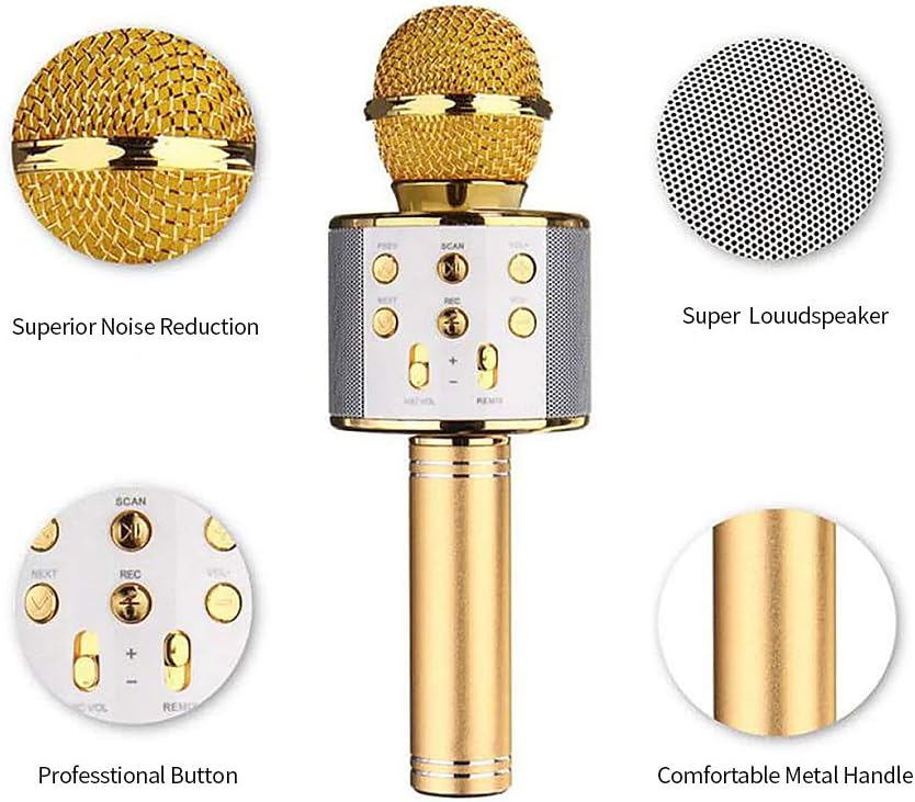 Microfono karaoke wireless con griglia dorata, pannello tasti bianco e manico metallico.